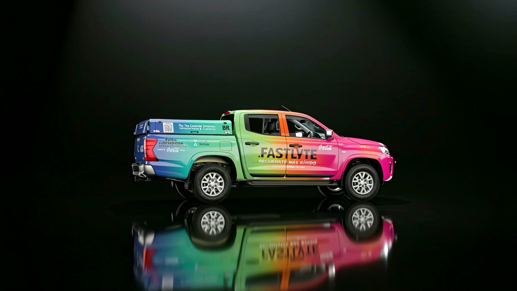 Wrap completo multicolor sobre camioneta L200, fotografiado en estudio