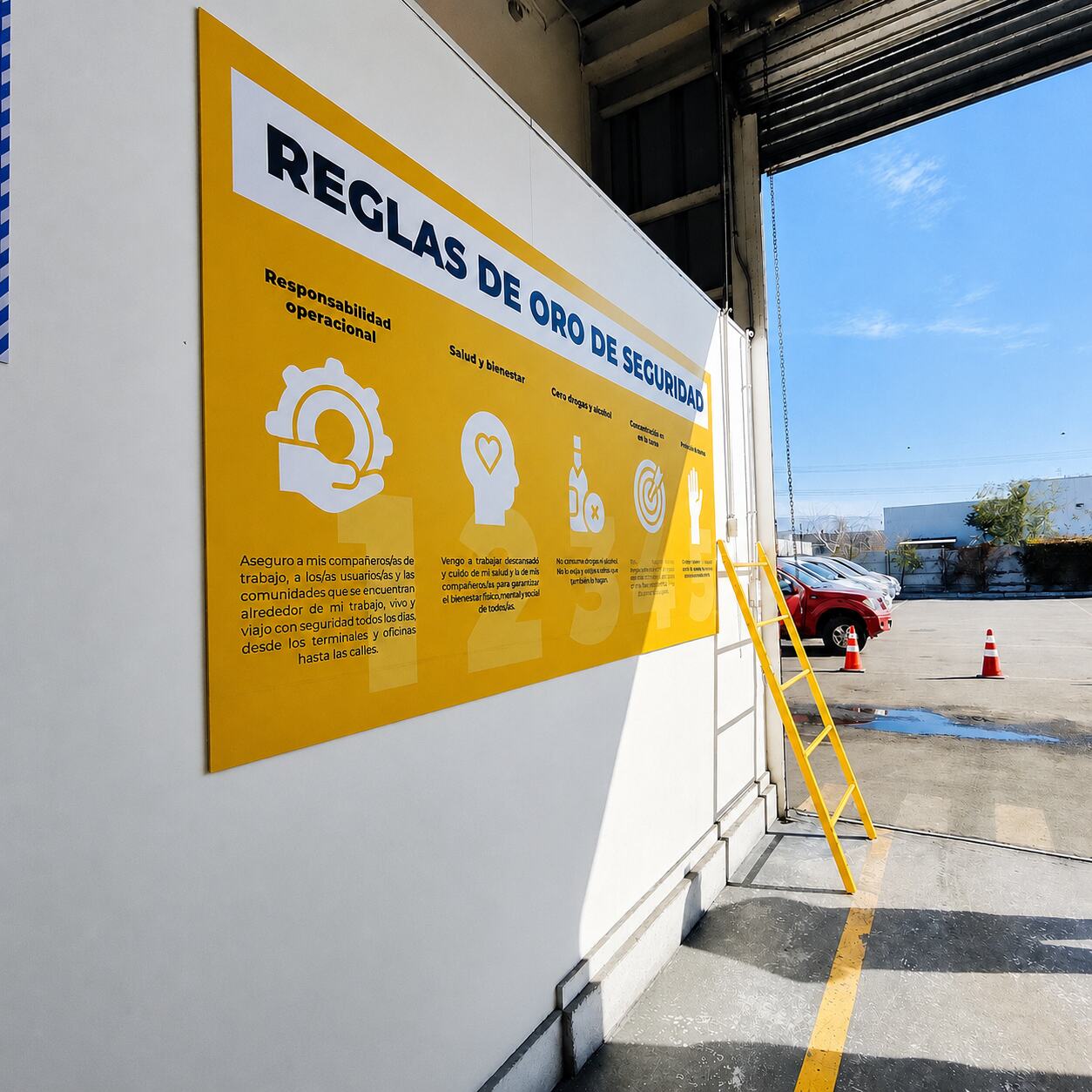 Mural de reglas de oro de seguridad instalado en un muro de bodega