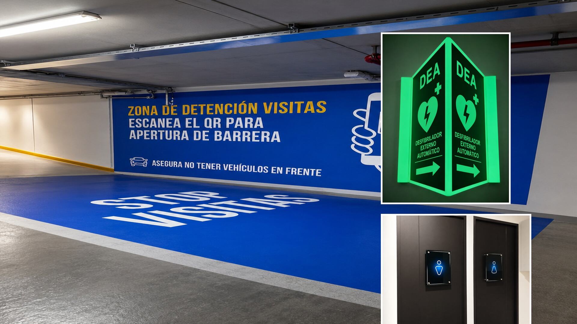 Señalética de piso y muro, señal fotoluminiscente de desfibrilador e iconos de baño en una zona de detención de visitas